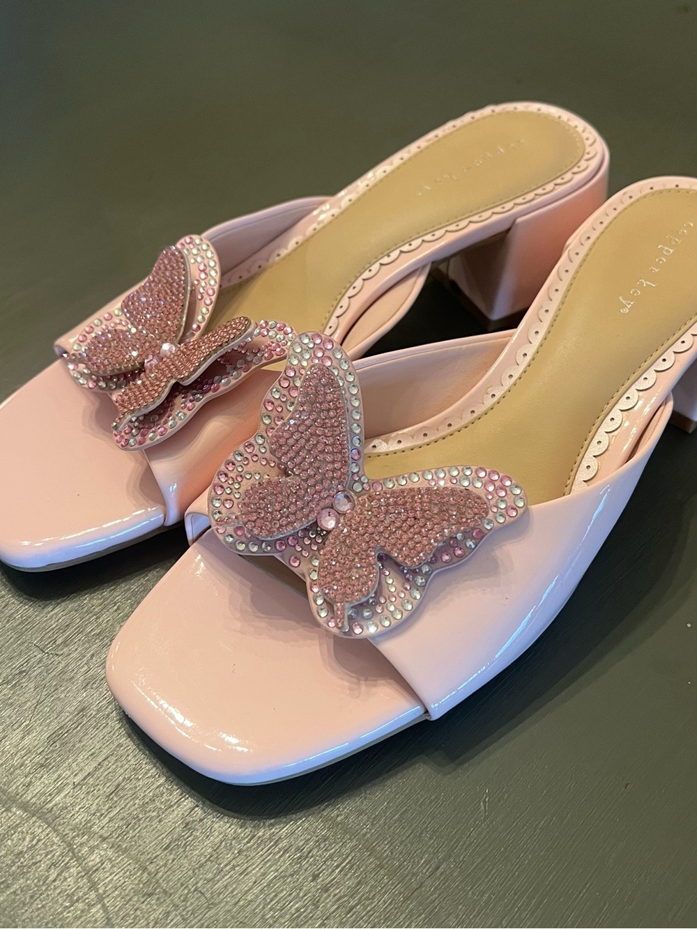 Copper Key Pink Butterfly Rhinestone Block Heel Mules - Picture 6 of 6